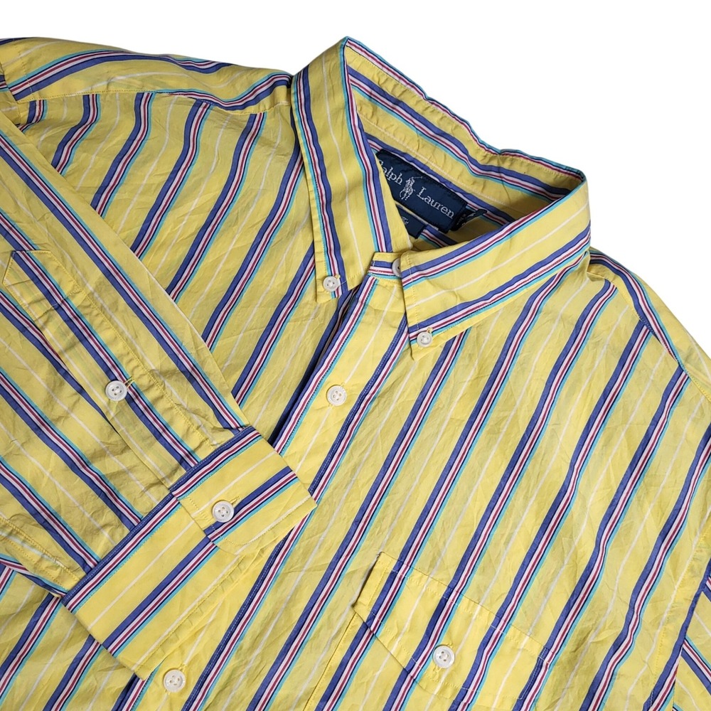 Ralph Lauren Custom Fit Mens XXL Vibrant Yellow Multi Striped Button Down Shirt